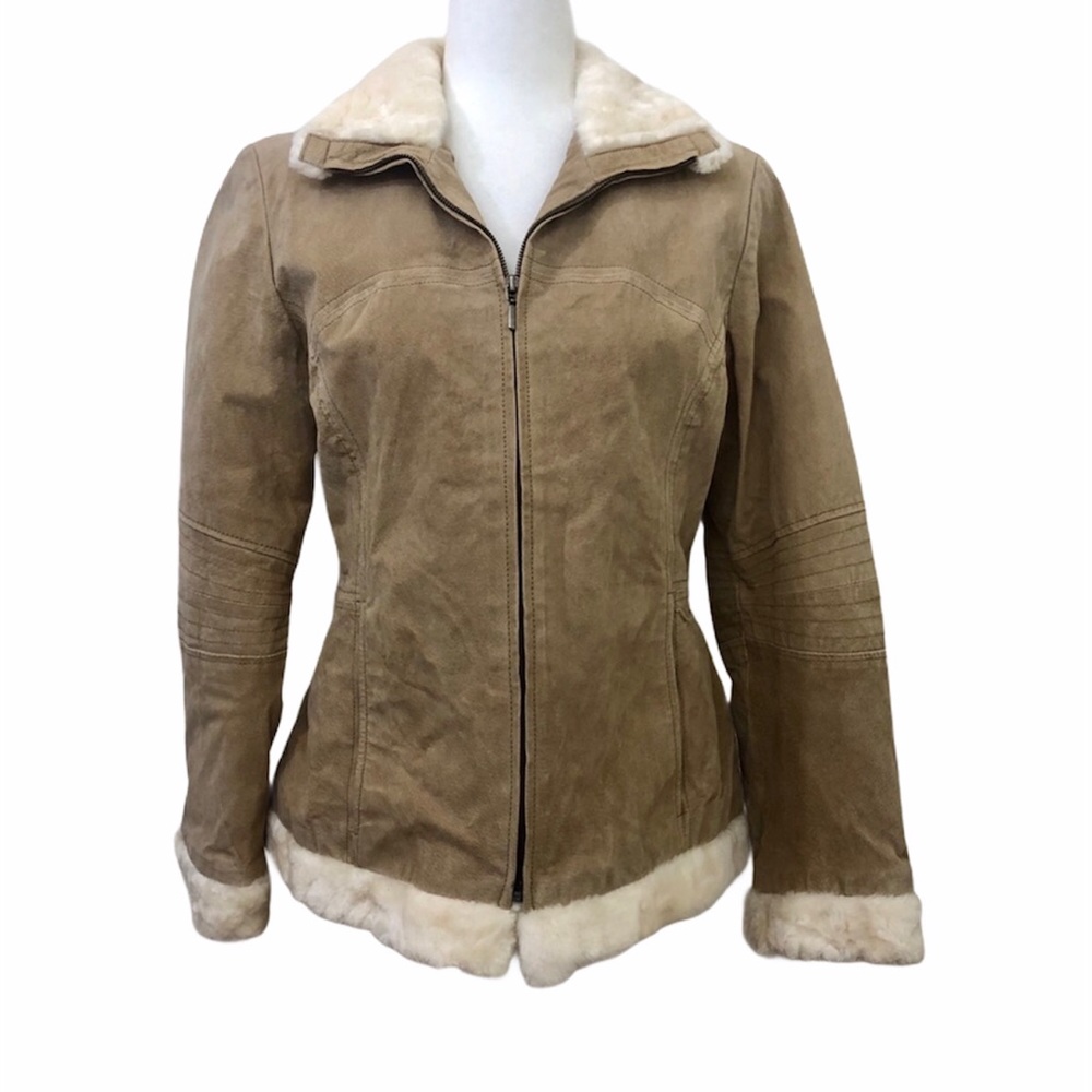 Penny Lane Genuine Leather Coat Faux Fur Trim Med